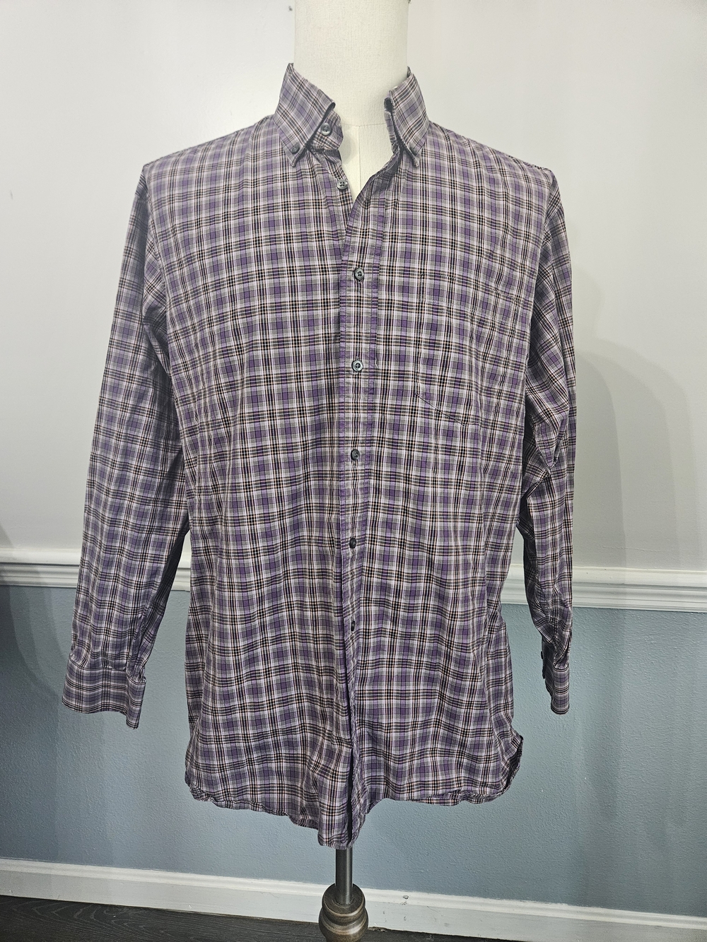 Saks Fifth Avenue Men's XL Plaid Shirt 2 Ply 100s Cotton Purple Orange Grey
